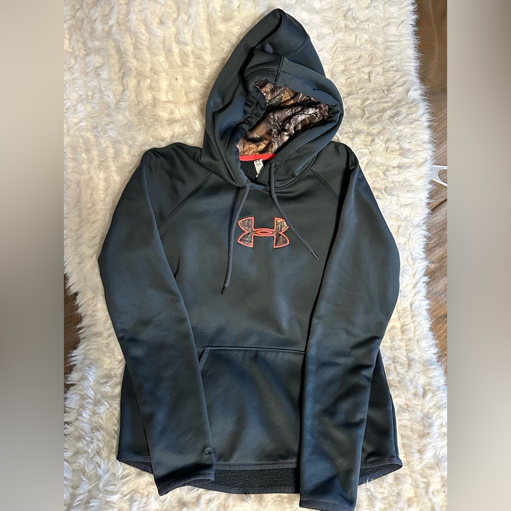 Under Armour Dark. Gray Hoodie with Pink Accent Logo and Camo Lined Hood